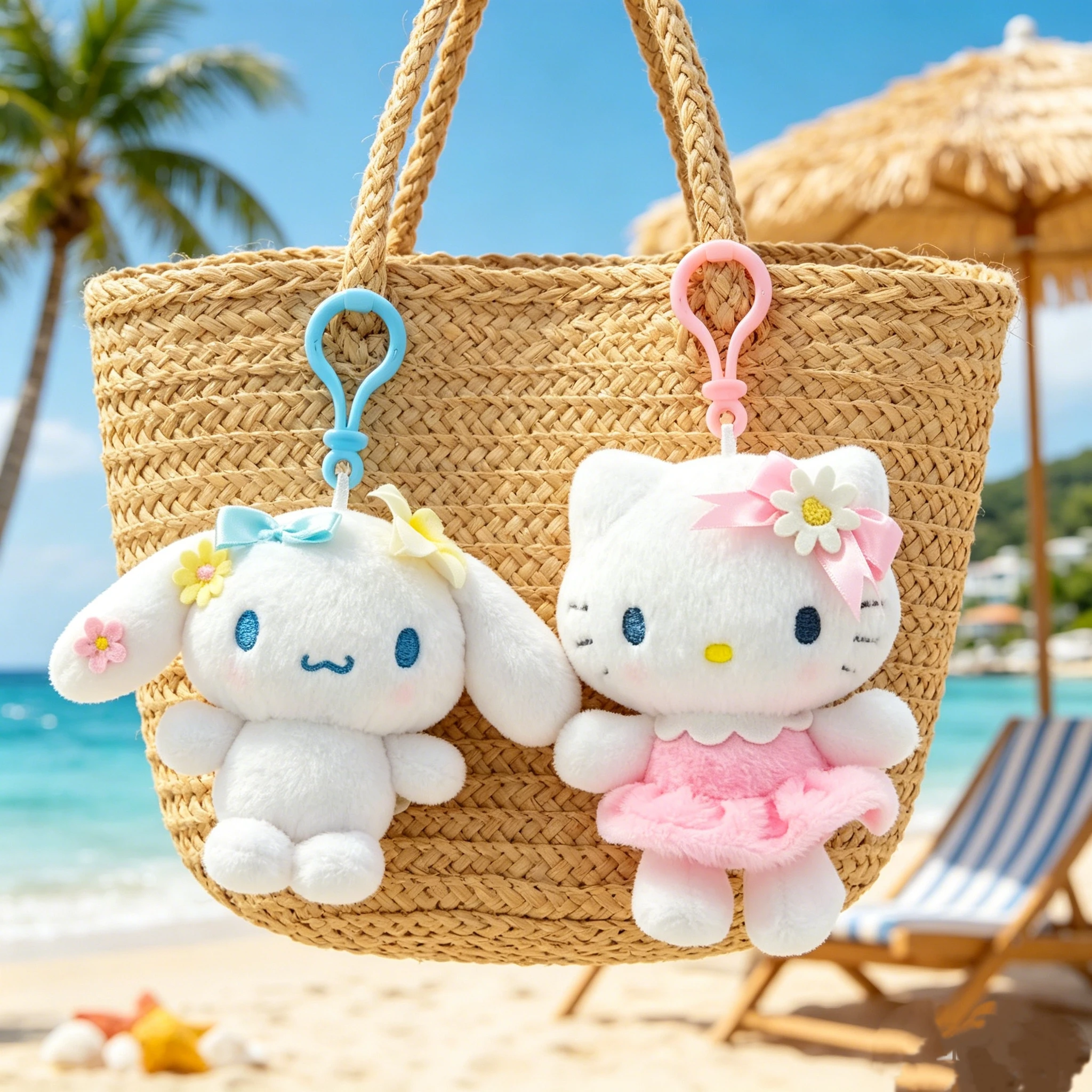 Genuine Licensed Sanrio Hello Kitty & Cinnamoroll Plush Keychain, Flower Series Bag Charm Pendant, Soft Stuffed Doll, Ideal Birt