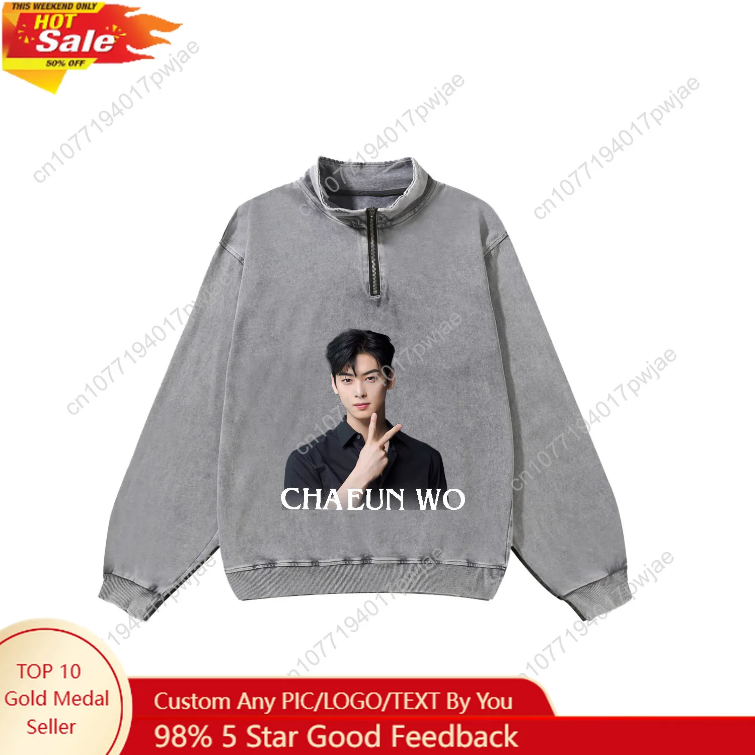 

KPOP Cha EunWoo Custom Retro Sweatshirt Mans Womans Half Zipper Vintage Sweat Shirt Photo Custom Made Tops