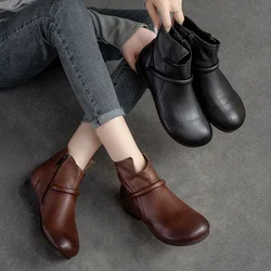 Birkuir Retro Ankle Boots Women Boots Zip Luxury Soft Low Heel Shoes Big Head Thick Heel Genuine Leather Ladies Short Boots