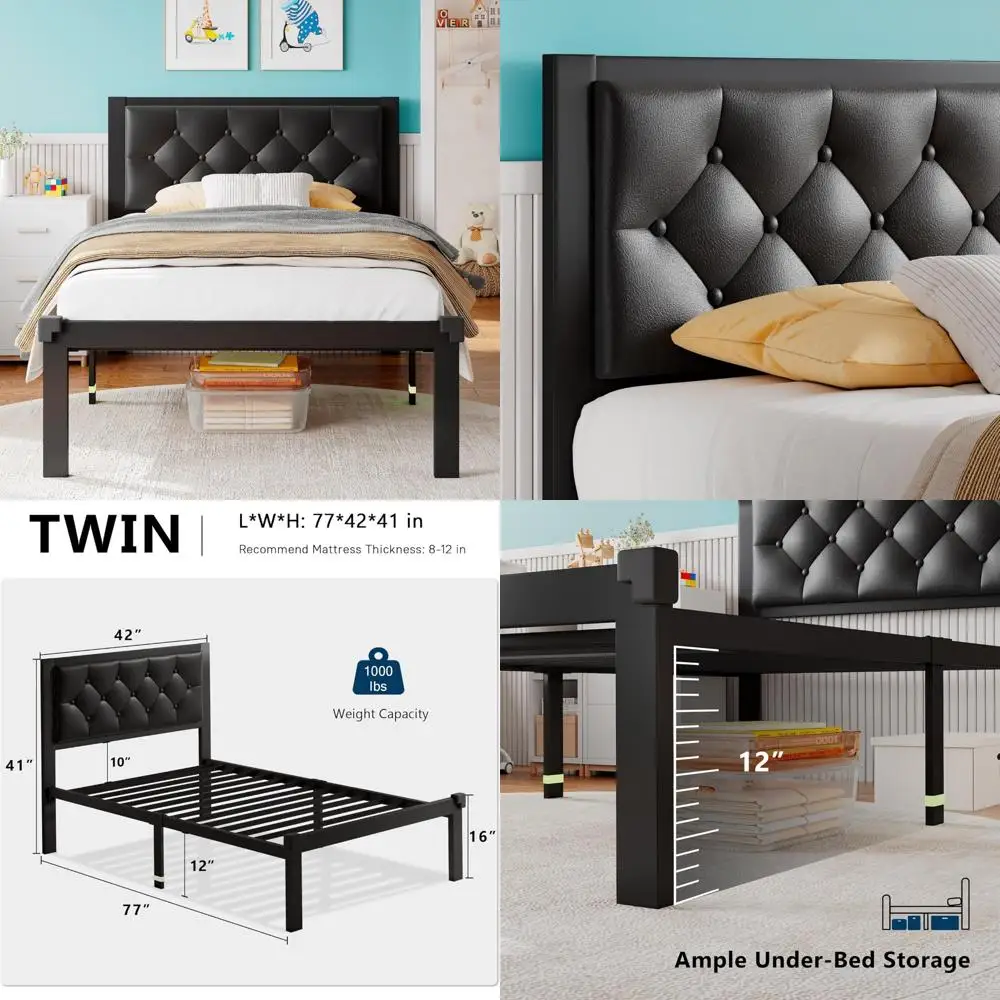 

Twin Size Steel Platform Bed with Padded Leatherette Headboard and 12 Storage Spaces