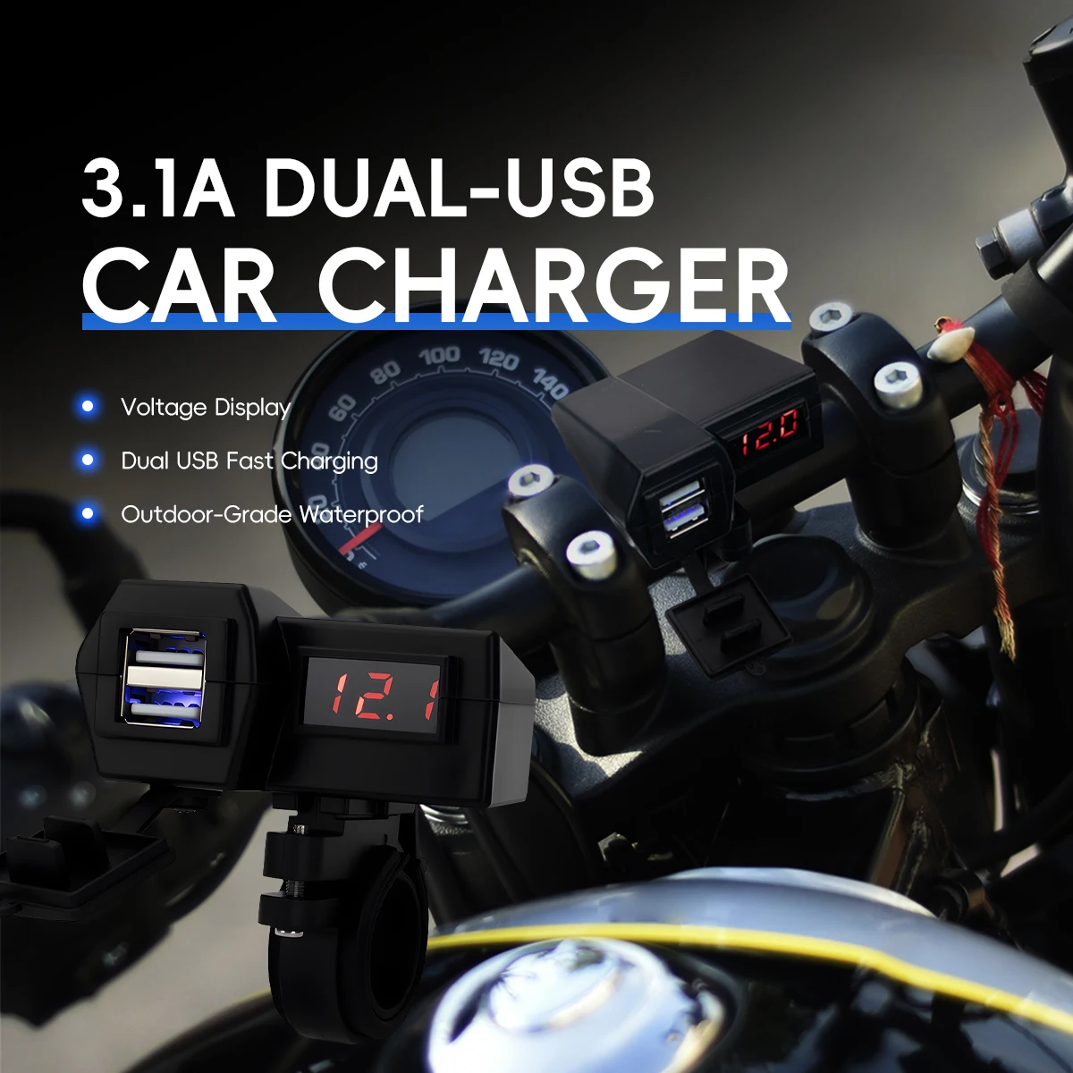 1x Motorcycle USB Fast Charger Handle Style Dual USB Socket with Switch Voltmeter Waterproof 12V Phone Power Supply Adapter Kit view 3