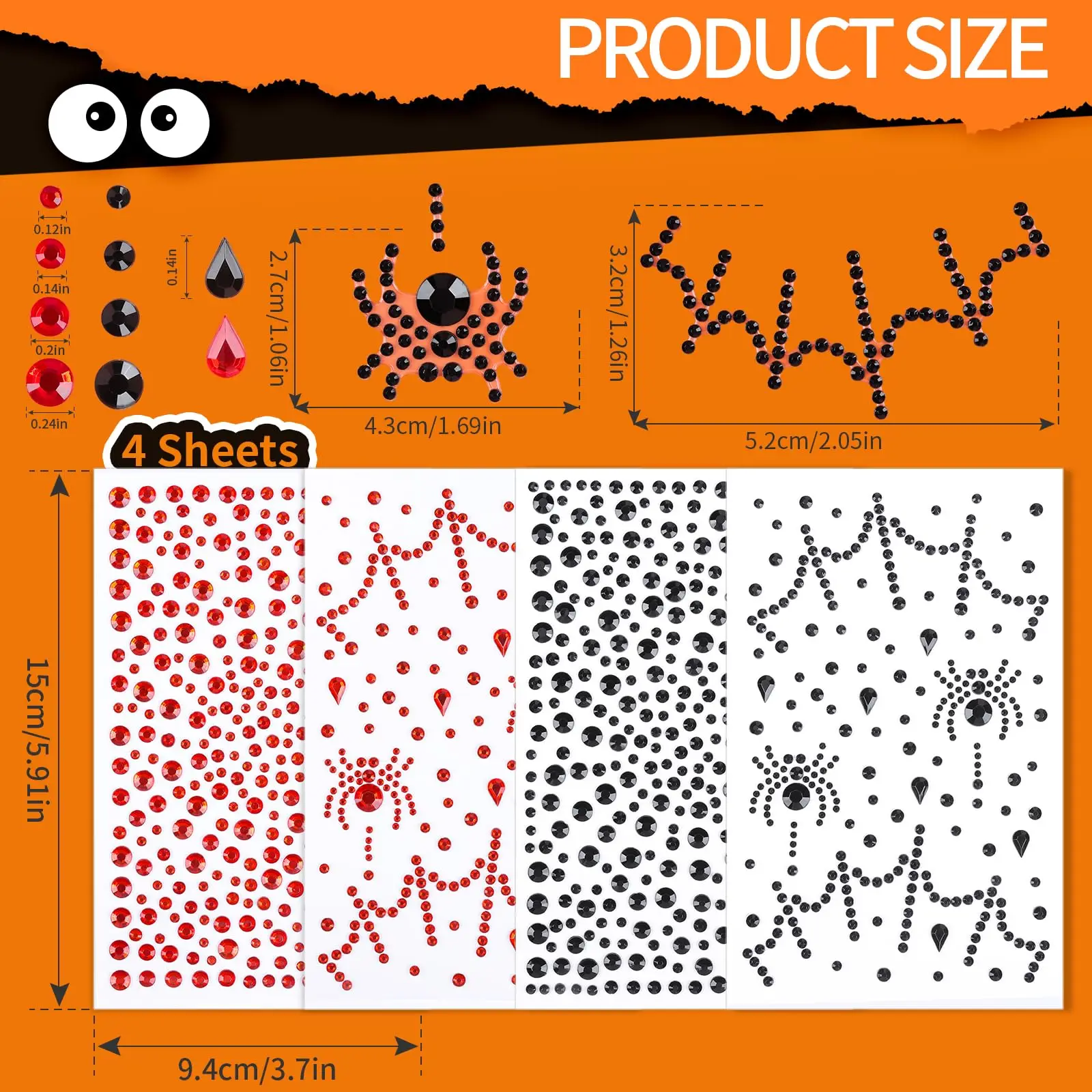 Halloween Face Gems Stickers Red Black Spider Web Face Jewels with Tweezers Self‑Adhesive Crystal for Cosplay Party Makeup