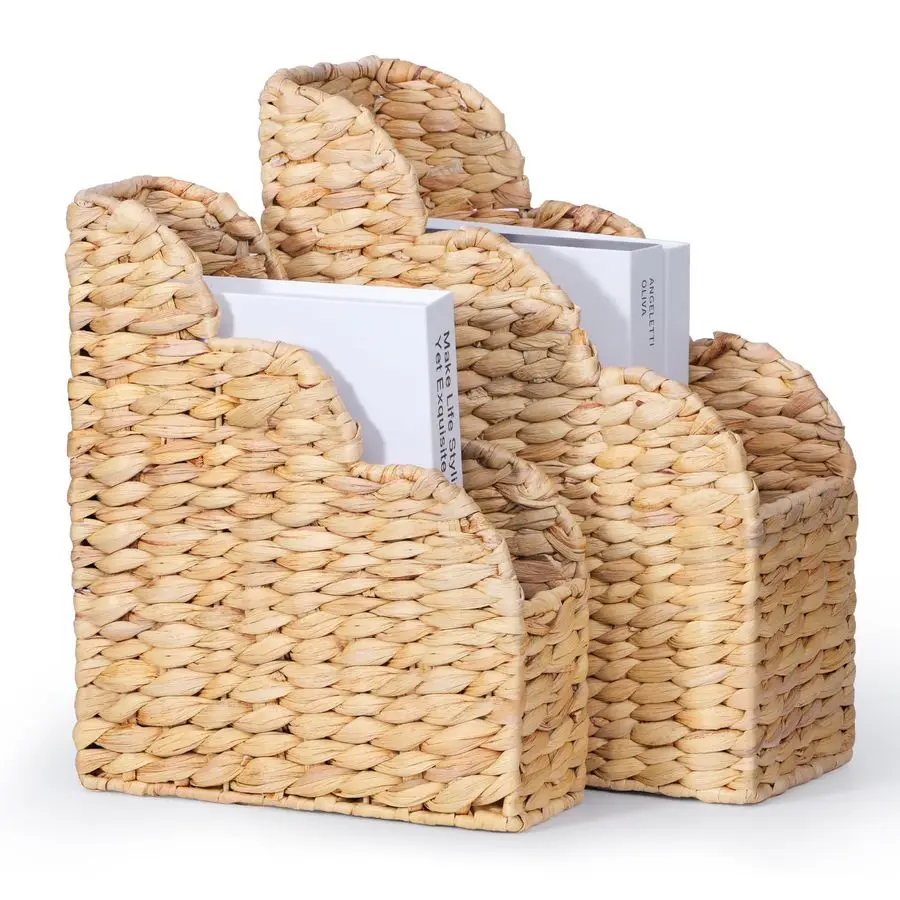 

Water Hyacinth Magazine Holders with Scalloped Edge Natural Handwoven Rattan Storage Baskets Set of 2 Large amp Small for Books,