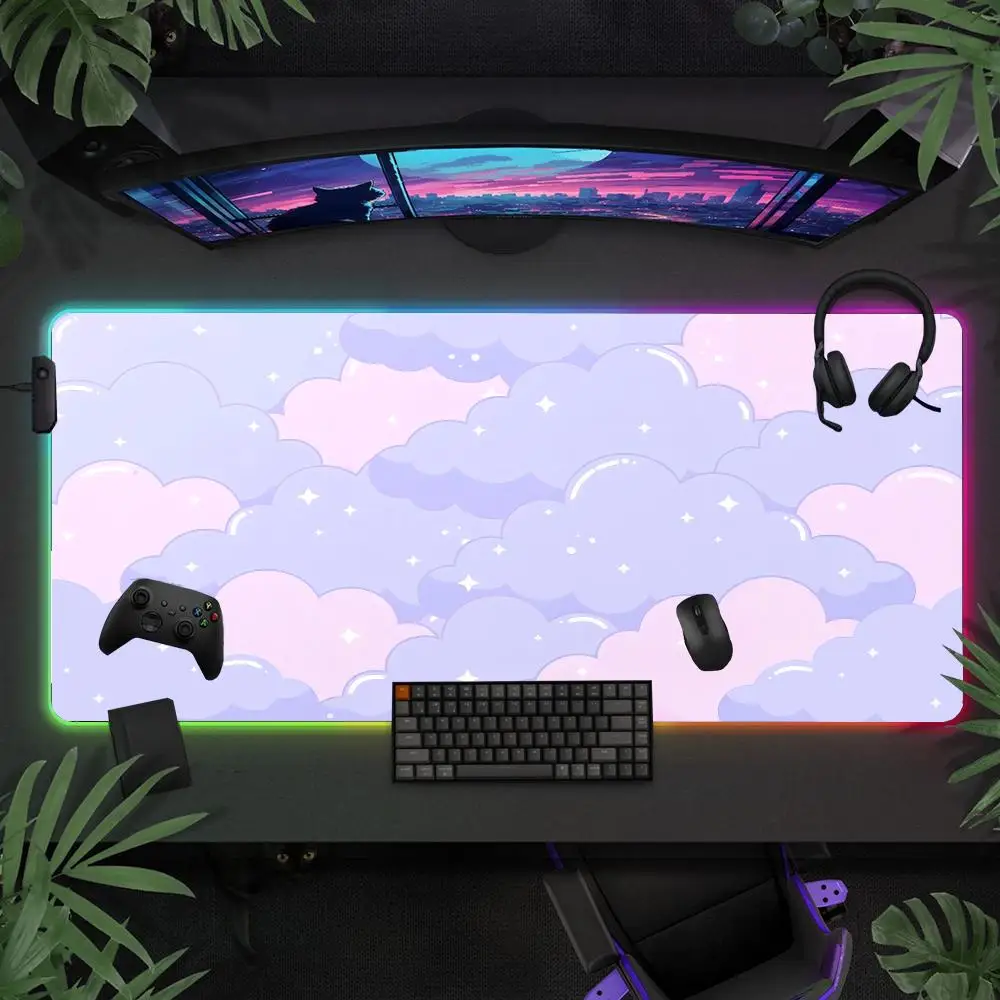 

Pink Pastel Clouds XXL RGB Gaming Mouse Pad Desk Mat Gamer Accessories Large LED Light Mousepads PC Computer Carpet with Backlit