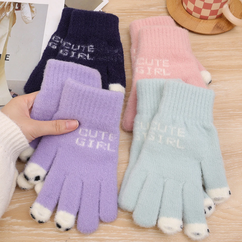 Women Cute Winter Fluffy gloves Panda Fingertip Warm Knitted Fingerless Gloves Wool Touchscreen Phone Girls Full Finger Mittens