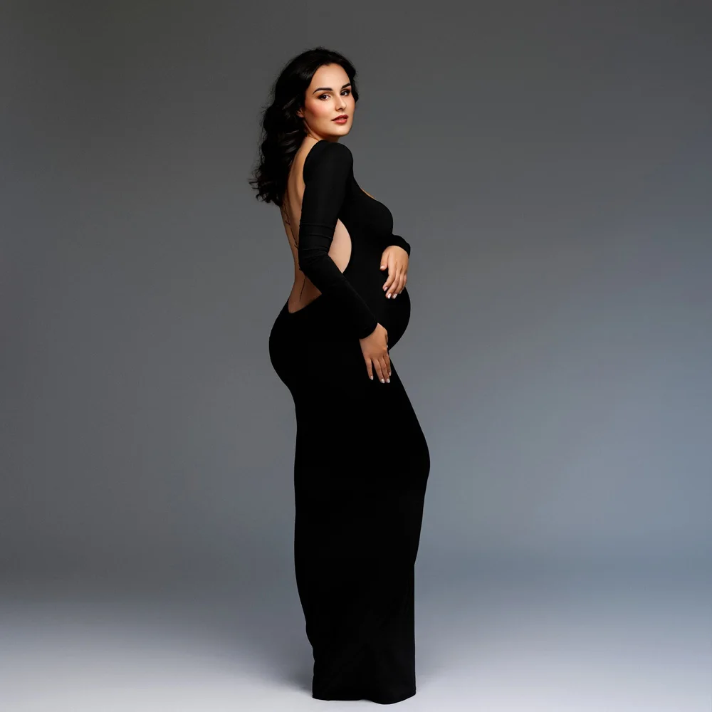 Gaun Maxi Wanita Elegan Solid Tanpa Punggung Slim Fit Elastis Gaun Fotografi Kehamilan Pemotretan Gaun Fotografi Untuk Wanita