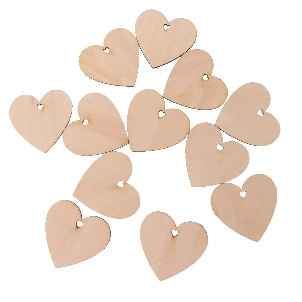 100Set Wood Pieces Heart Slice w/ Hole Gifts Tags Birthday Hanging Decors