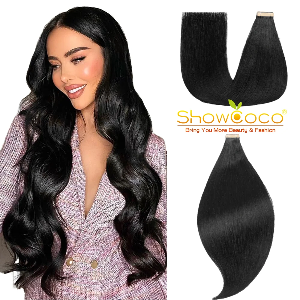 ShowCoco Double Drawn Tape In Human Hair Extension Seameless Natural Black Thick End 14