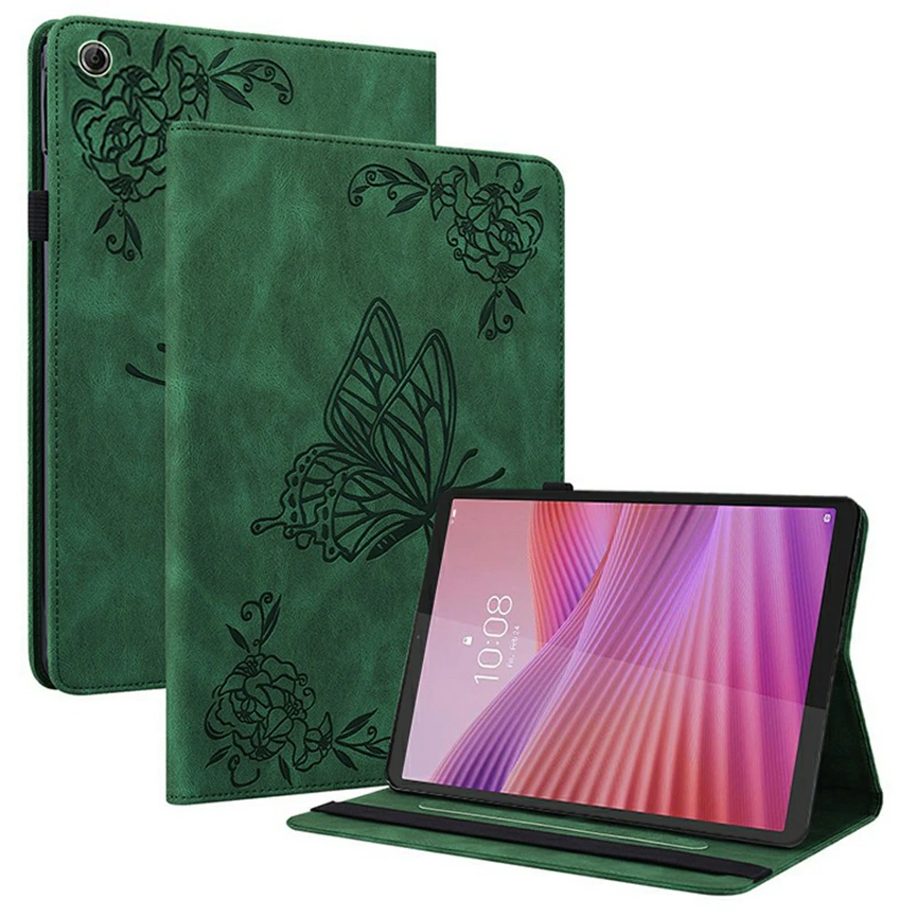 

For Lenovo Tab K9 Case Butterfly Flower Imprint PU Leather Tablet Cover with Card Slots - Green
