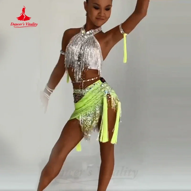 Latin Dance Performance Costume Customsized Adult Children Beads Tassel Top+short Skirt 2pcs for Female Latin Dance Stage Skirt