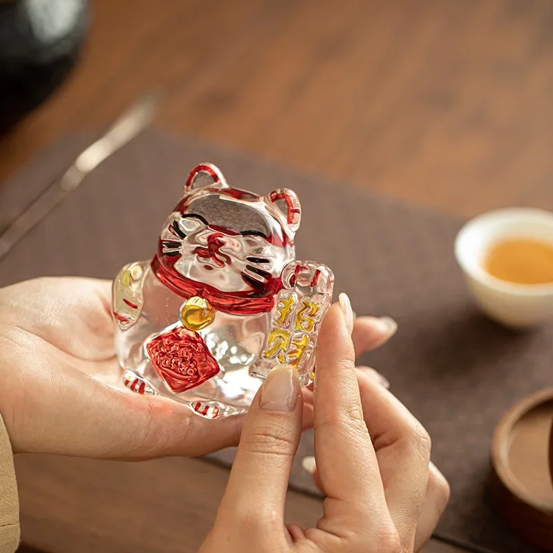 1PC Creative Holiday Gifts Lucky Cat Gradual Change Symphony Glass Crystal Red Rhyme Tea Space Tea Pet Cover Tea Table Ornament