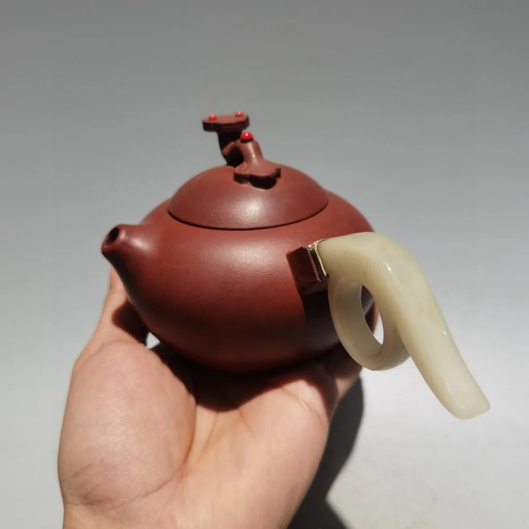 Purple Clay Teapot Raw ore Dahongpao mud Ring handle inlaid jade pot Ruyi lid pot Teapot Flagon  Tea Ceremony Sample Tea