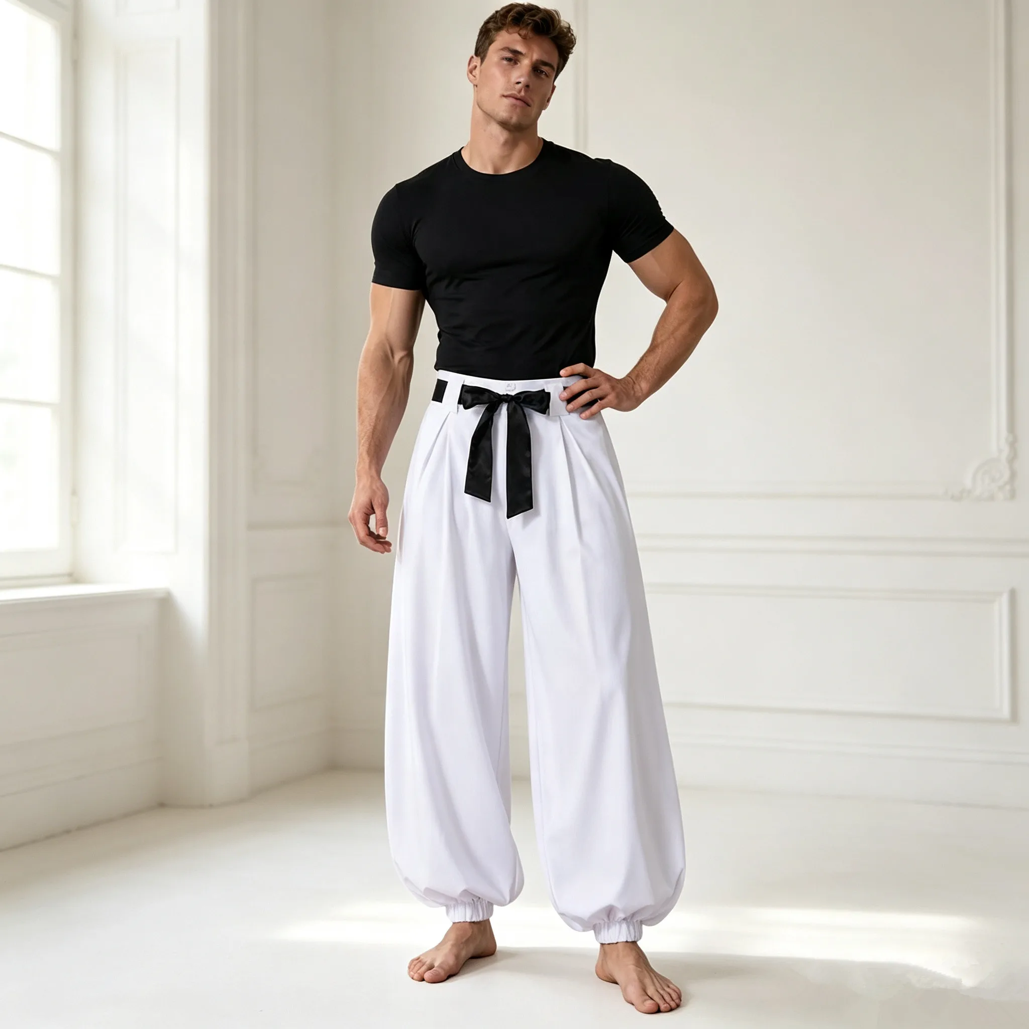 Disfraz de Príncipe Árabe para Hombre, Ideal para Fiestas de Halloween, Conjunto de Cosplay con Camiseta Ajustada y Pantalones Anchos Negros con Cinturón de Lazo Blanco en la Cintura