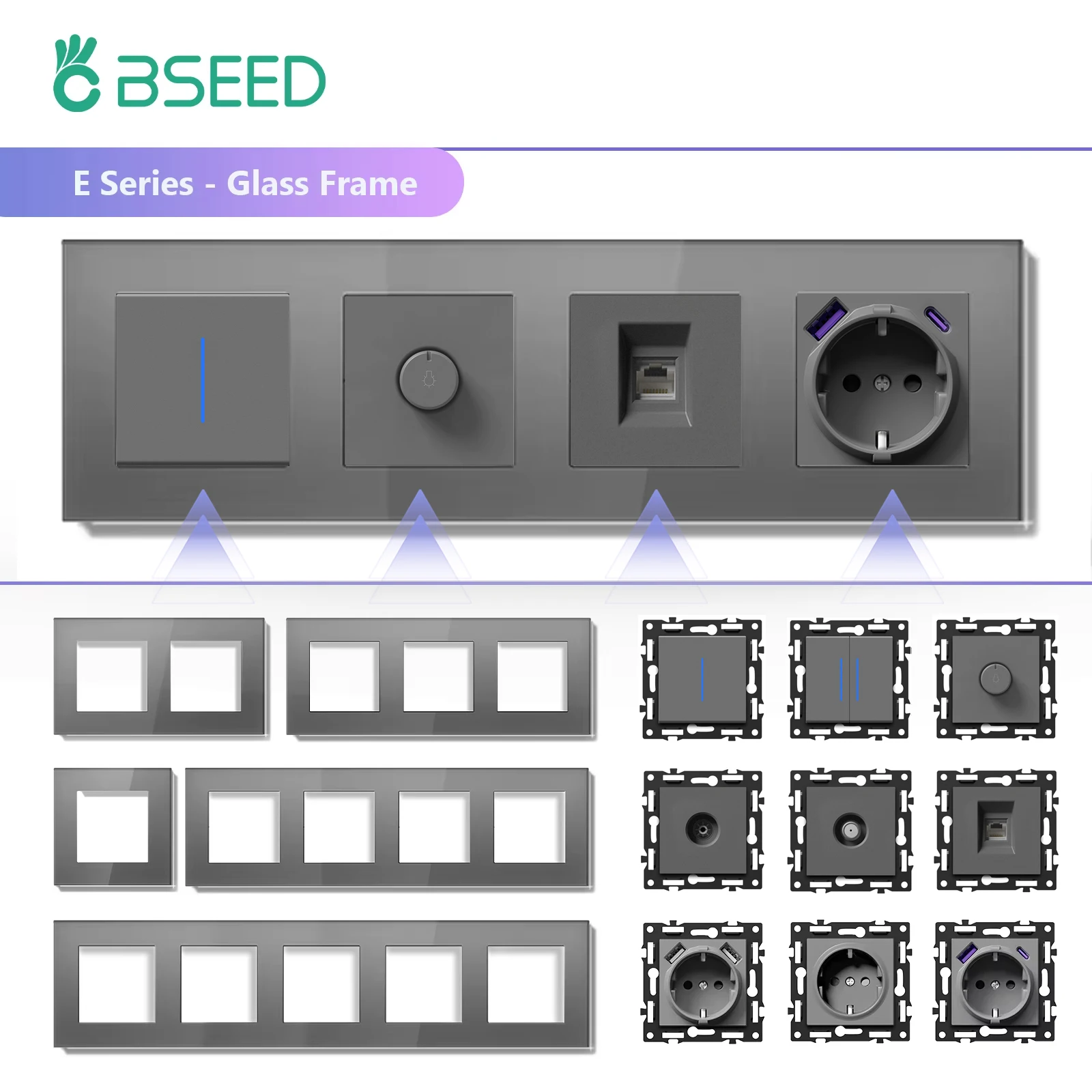BSEED Wall Light Switches TV/ST/CAT6 Internet Computer Sockets Dimmer Fan Controller EU Wall USB Sockets DIY Parts Free Combine