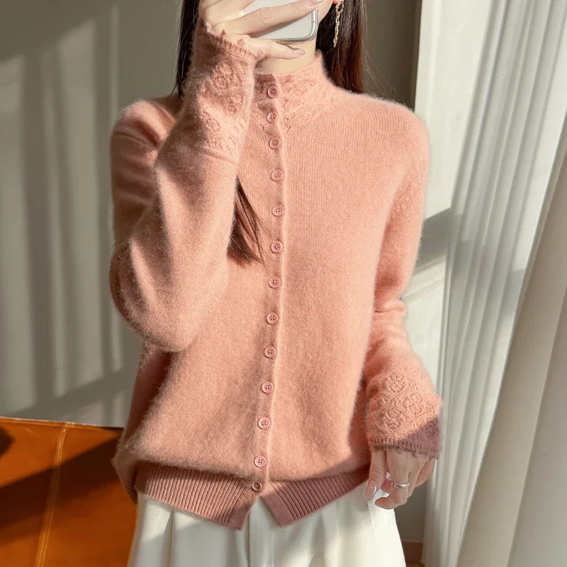 Spring Autumn Sweater Sweet Style 100% Merino Wool Sweater Women Short Cardigan Mock Neck Knitted Cut Out Long Sleeve Female Top