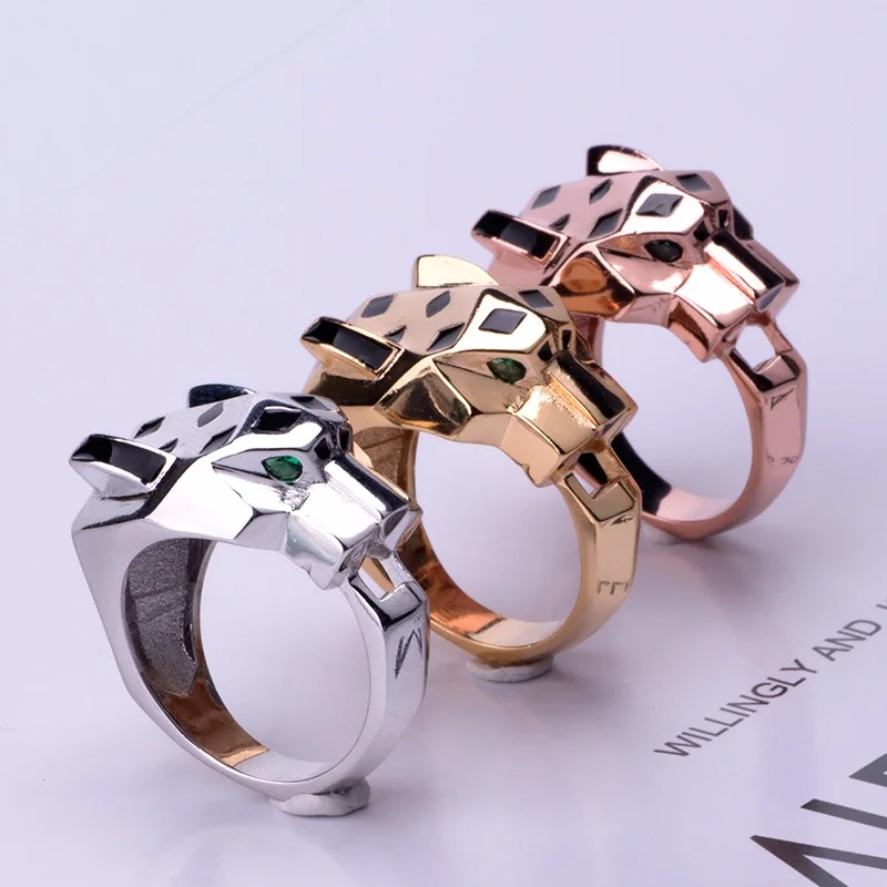 Europe America Luxury Fashion Style Men Women Lady Black Spots Leopard Head Plated Gold Color Lovers Ring US6-US9