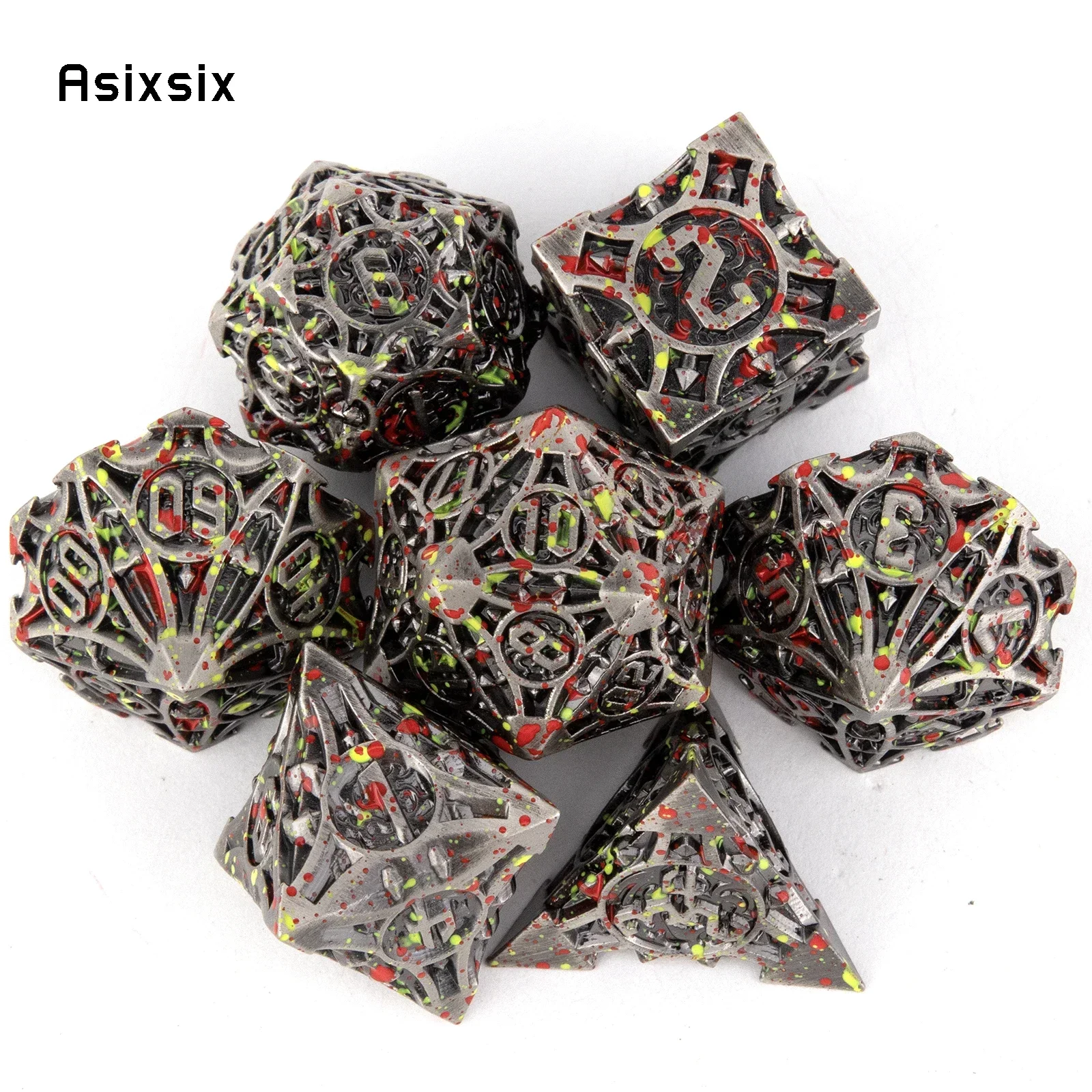 

7 Pcs Silver Red Metal Dice Solid Metal Polyhedral Dice Set Suitable for Role-Playing RPG Board Game Gift