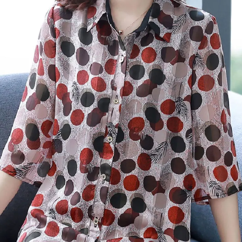 Office Lady Stylish Polka Dot Printed Shirt Casual Half Sleeve Women\'s Clothing Single-breasted Summer Korean Loose Midi Blouse