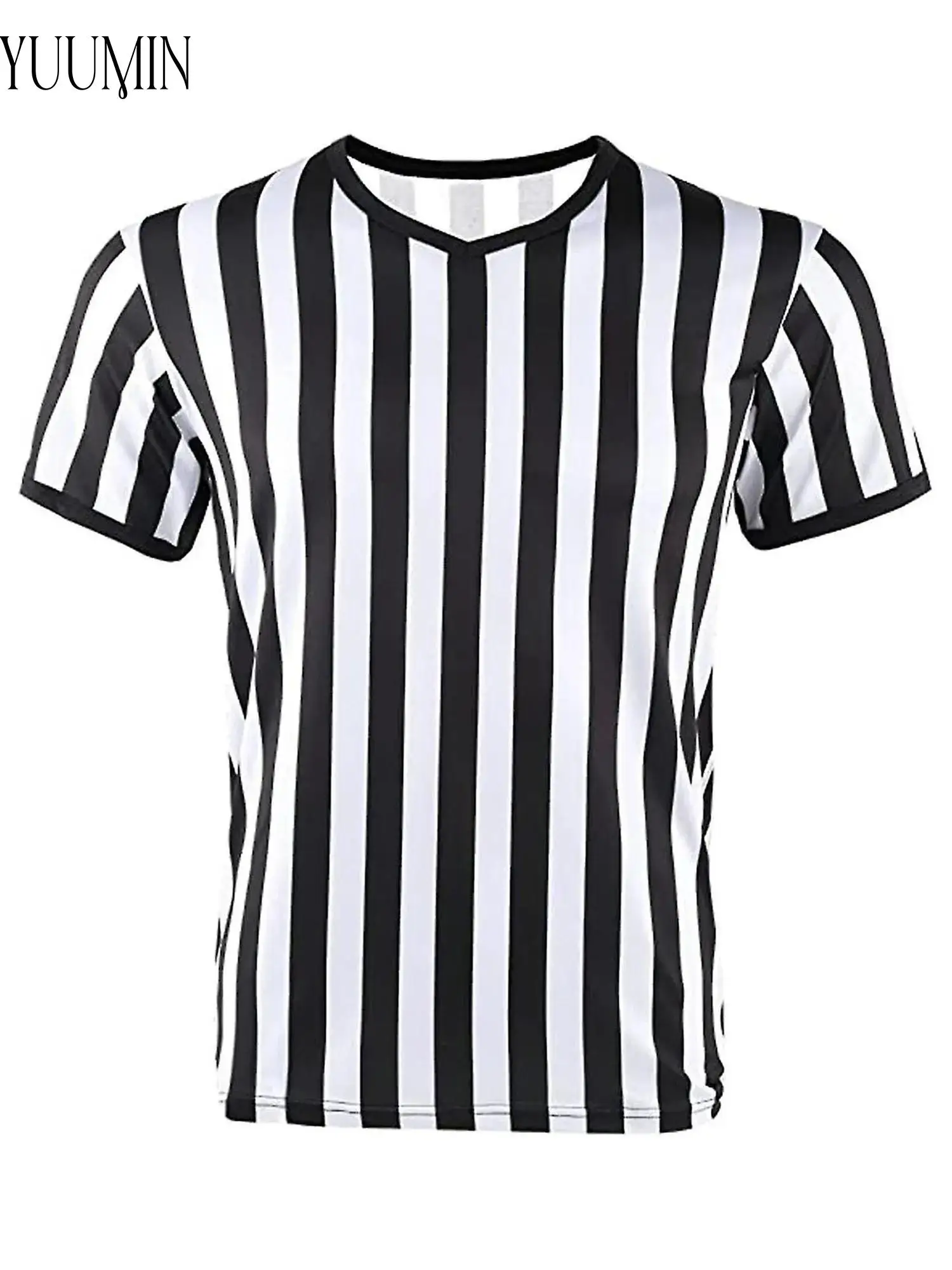 

Men Referee Stripe T Shirt V Neck Short Sleeve Lightweight Breathable Athletic Top for Football Game Sports Casual Summer