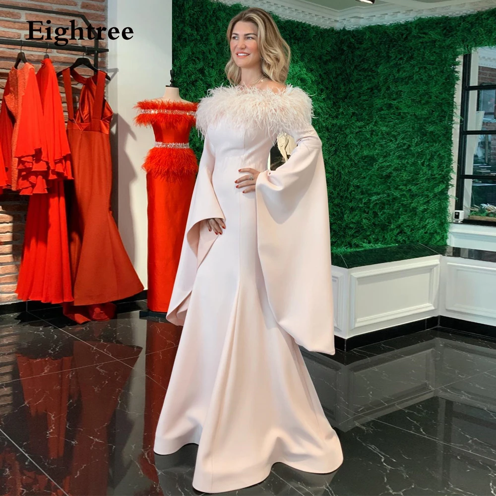 Eightree Light Pink Feathers Formal Evening Dresses Off Shoulder Mermaid Party Dress Luxury Flare Long Sleeves Special Prom Gown