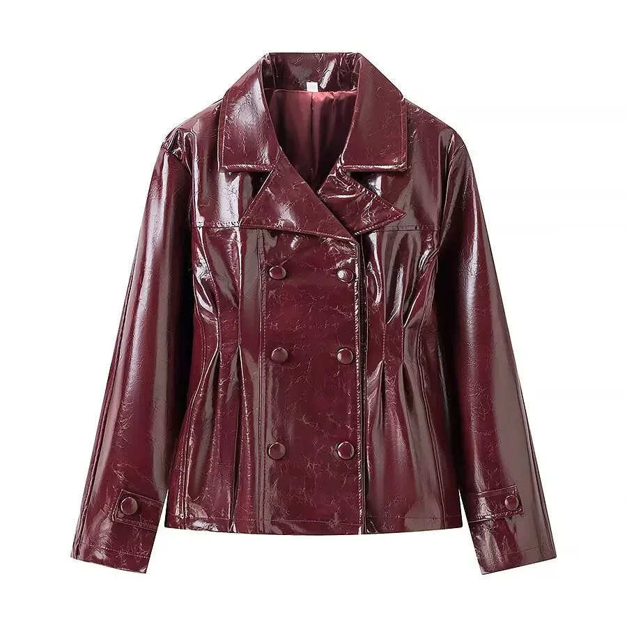 

Women's Burgundy Faux Leather Double Breasted Jacket Lapel Cropped Moto Coat Shiny Streetwear Blazer for Fall Winter