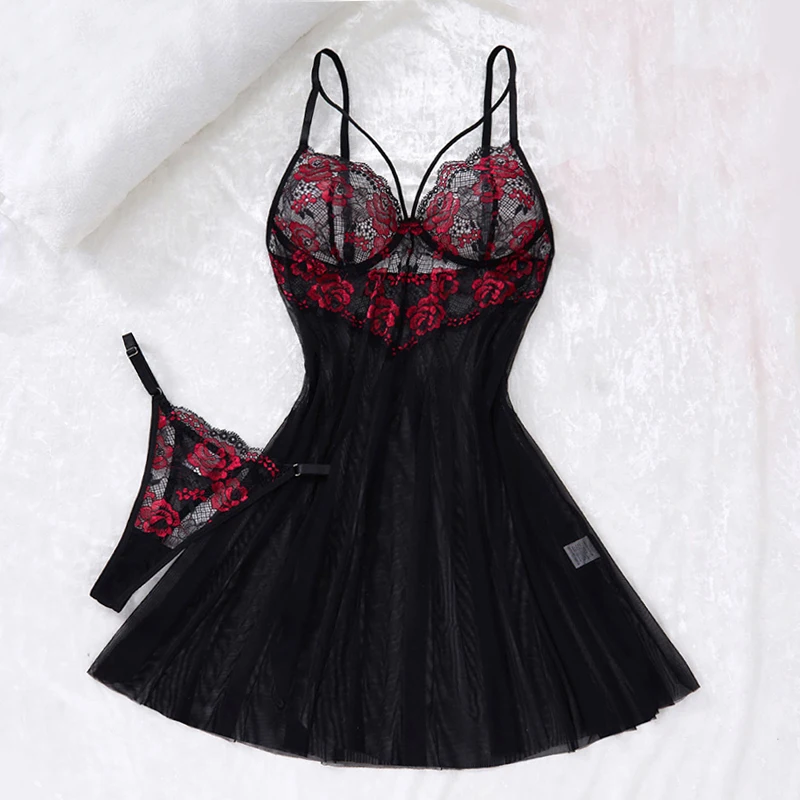 Sommer-Pyjama Schwarzes Netz-Nachthemd für Damen V-Ausschnitt Spitzenbesatz Slip-Nachthemd Romantischer Rosen-Print Babydoll-Nachtwäsche S-XL