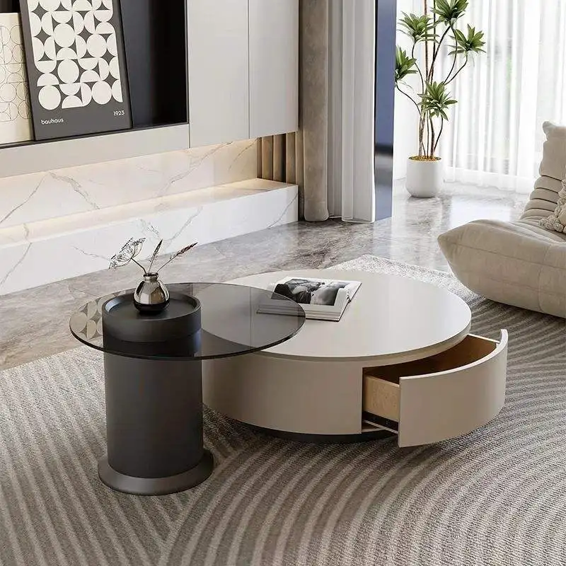 xx-Modern 3 Piece Round Coffee Table Set with Cream Storage Drawer Glass Side Table and Houndstooth Ottoman for Coffee Table^