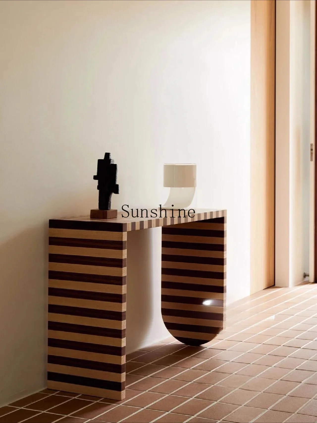 Wabi-sabi retro solid wood striped porch plan modern simple entry foyer decorative cabinet light luxury side table  FT