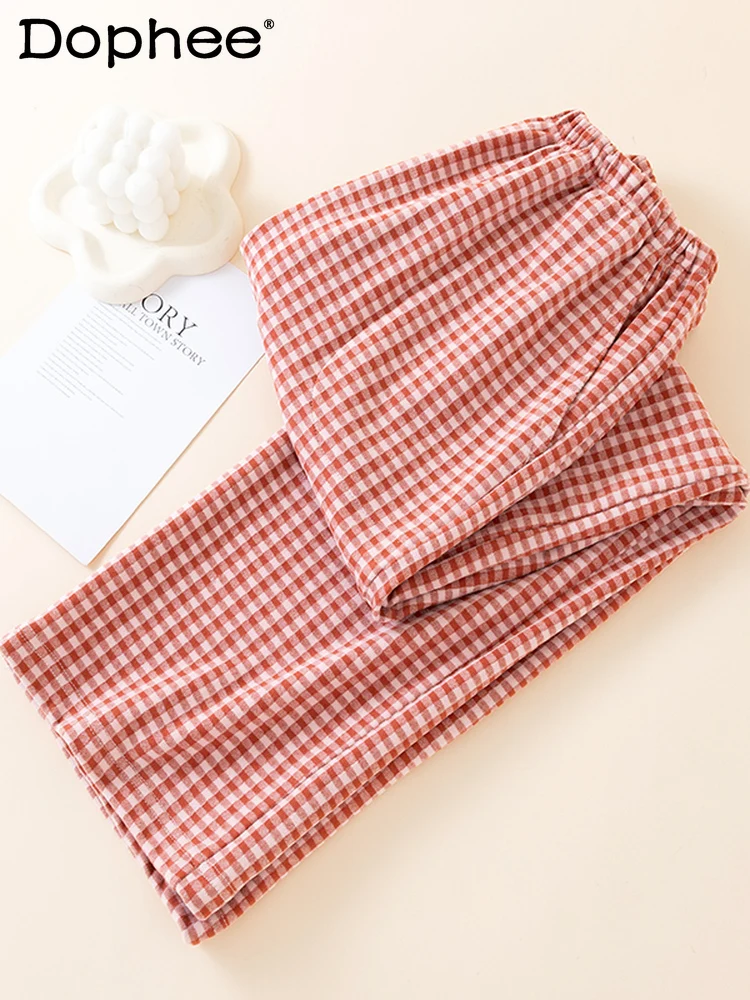 

Осень-зима, новые женские домашние брюки в клетку в японском стиле, теплые свободные повседневные мягкие удобные брюки для сна с начесом