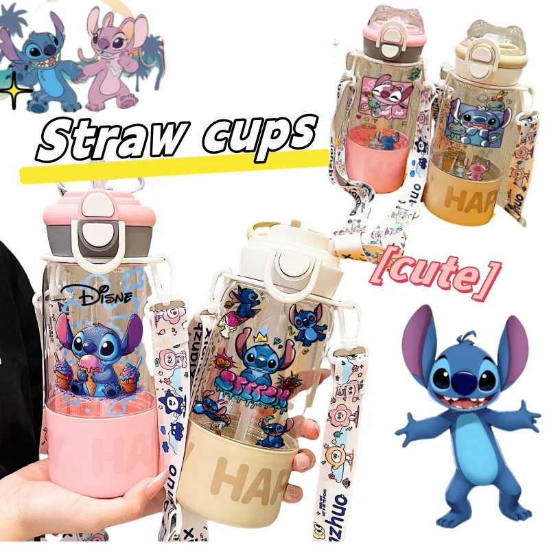 

Stitch Angel cute silly cartoon cartoon creative kawaii student large capacity portable anti-scald straw water bottle with strap