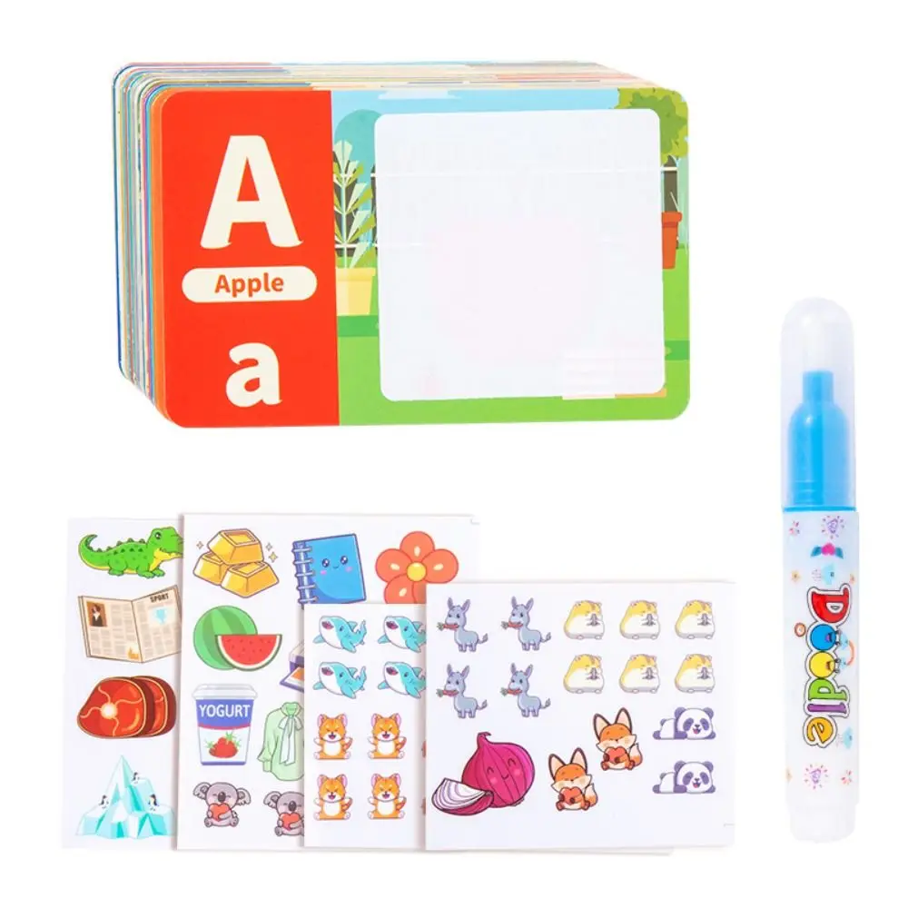 Livro de adesivos infantis de papel com caneta, livro de desenho de água para aprendizagem de inglês, portátil, 26 alfabeto, cartas para colorir de água, brinquedo