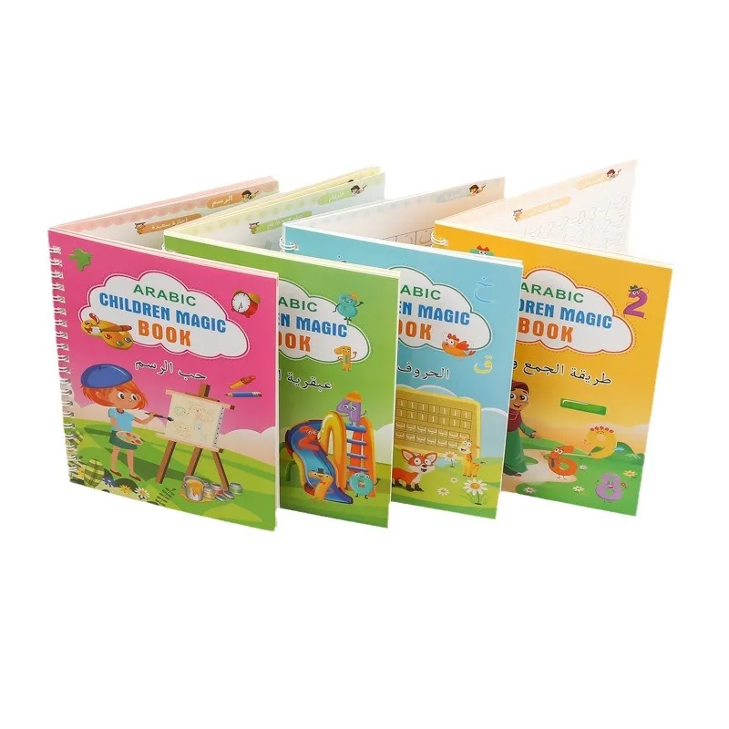 4 Books Set Arabic Learning Magic Practice Copybooks Alphabet Letter Writing Drawing Math Numbers Russian German French English