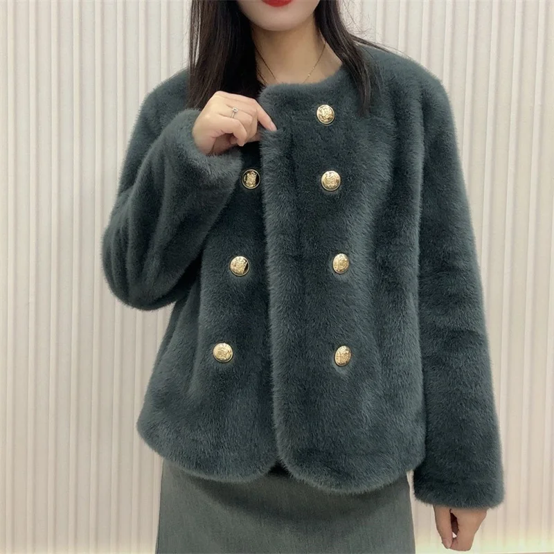 Streetwear Double-faced Fur Coat Women\'s Mink Velvet Short Jacket O-neck Double-breasted Pocket Faux Fur Fluff Outerwear Autumn