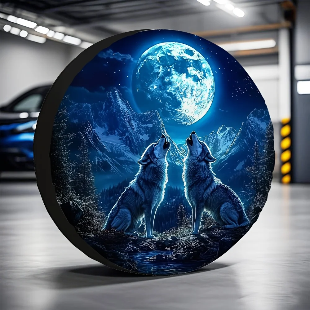 1pc Starry Night Wolf Tire Cover - Fit Durable Polyester Car Exterior Accessory With Mountain Moonlight Design, All-Weather Prot