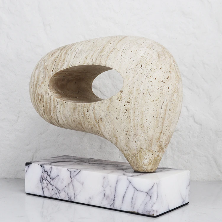 Modern Abstract Travertine Stone Sculpture Marble Base Tabletop Ornament For Living Room Hotel Villa Decoration Custom Available