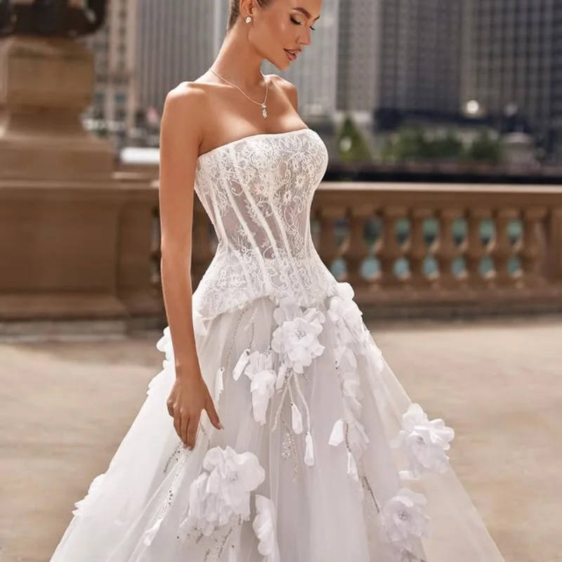 

White Appliques Lace Wedding Dresses off-shoulder decal A-line 3D flower Bridal Gowns Made Customized