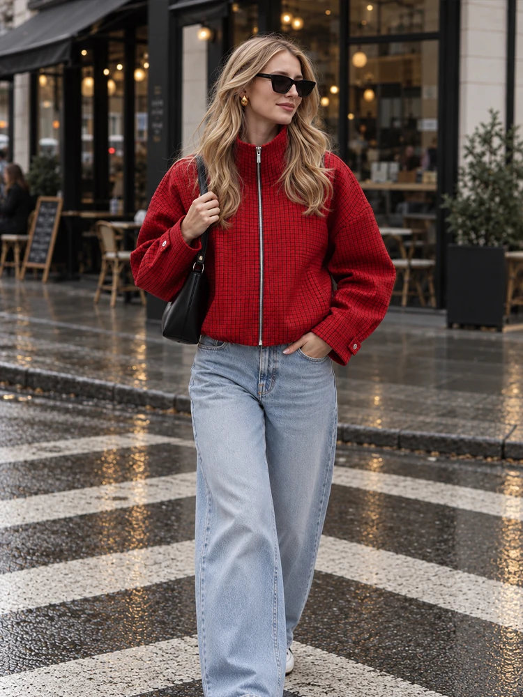 HH Women Fashion High Street Style Jacket Red Thin Plaid Zipper Placket With Pockets Loose Jacket Spring Autumn Y2K Casual Coat