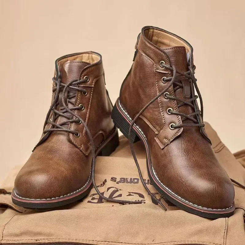 Men's shoes 2025 European and American style big head workwear motorcycle front tie round head thick heel men's boots