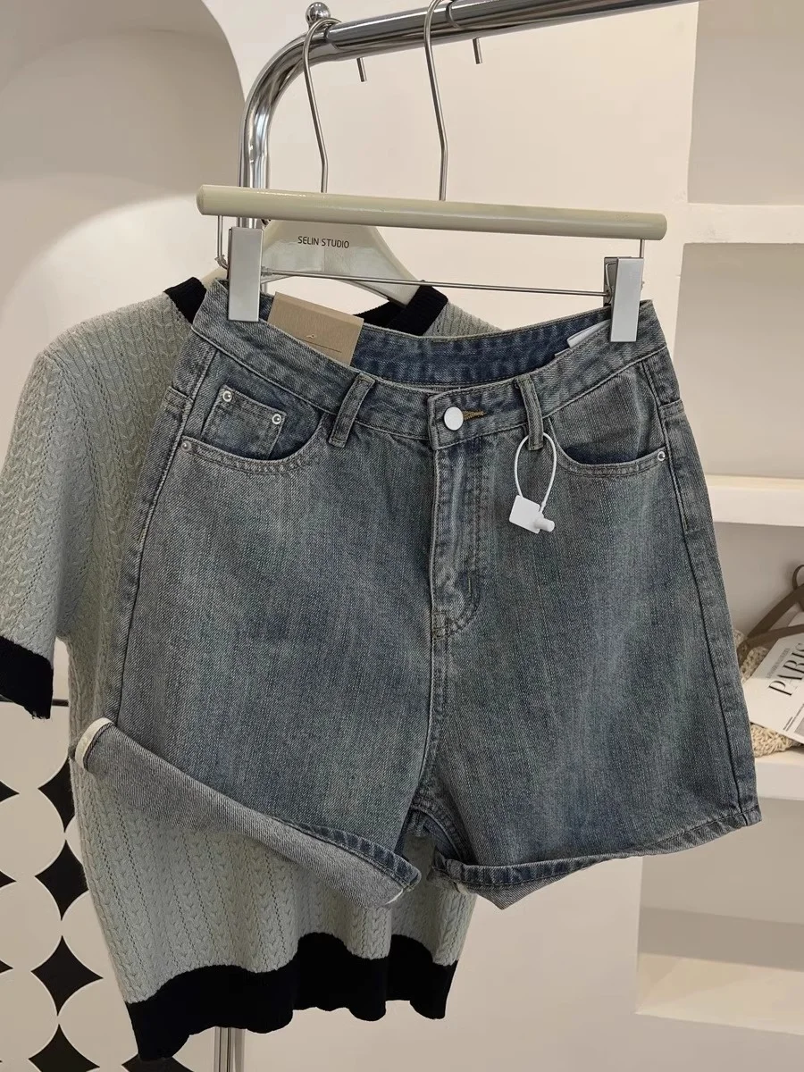 

Retro Waed Denim orts Women's Summer Thin High Waist A-Line Slimming Small Size Loose Straight Leg Wide Leg Hot Pants