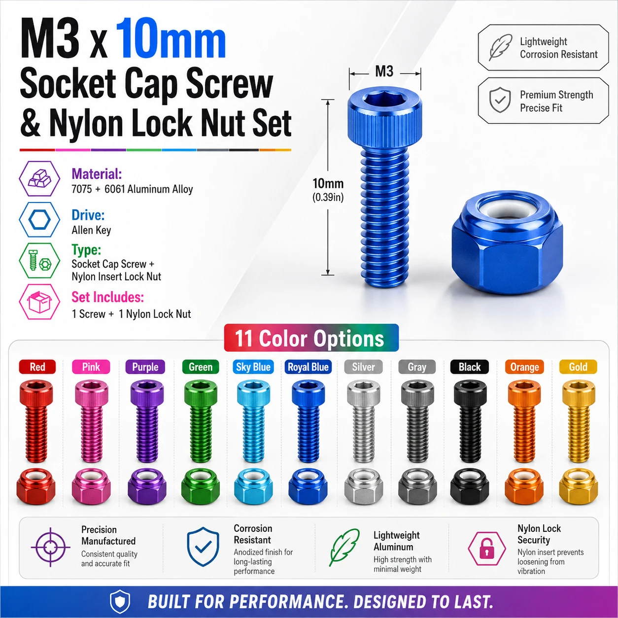10-20Set M3x10mm Hex Socket Cap Screws with Nylon Lock Nuts, Allen Drive Bolts & Self-Locking Nuts Anti-Vibration Hardware Kit