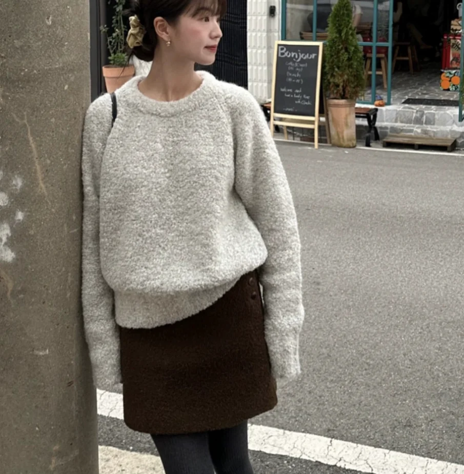 「LUXURY BRAND」Ged Hejing Same Sle Temperament Elegant Retro Coffee Brown Wool Slimming Versatile Skirt Short dress Winter