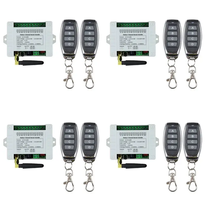 AAAEL-DC 12V 24V 36V 10A 433Mhz 4 Channel Wireless Relay RF Remote Control Switch Receiver+4CH Transmitter,4 Receiver 8 Remote