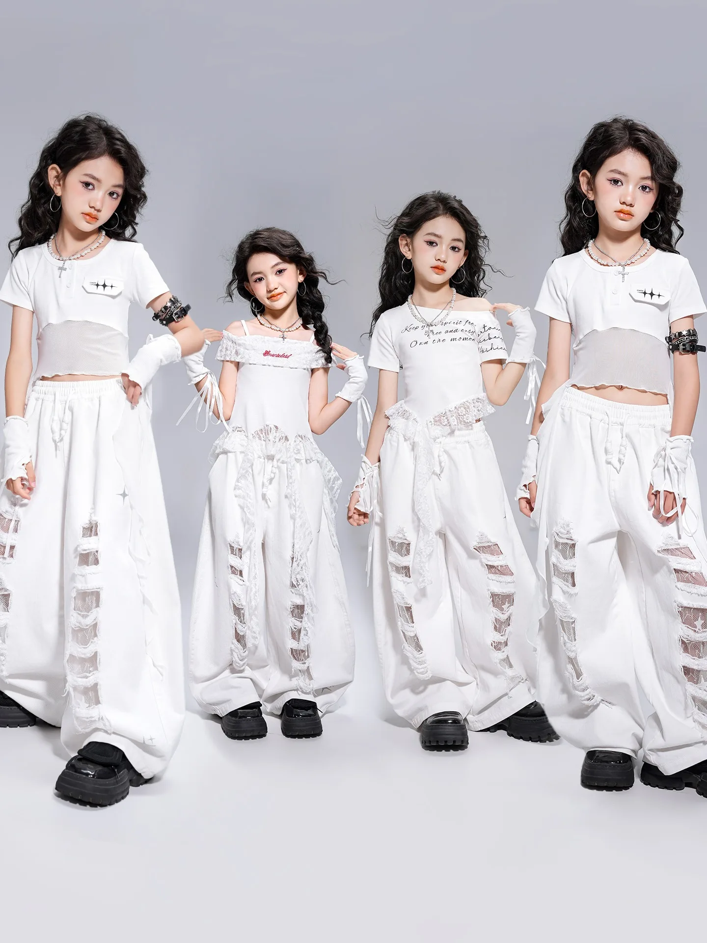 

Jazz Dance Girls Performance Clothes Kpop Dance Girls Team Hiphop Outfits White Suit Top Pants Street Dance Costumes DQL11024