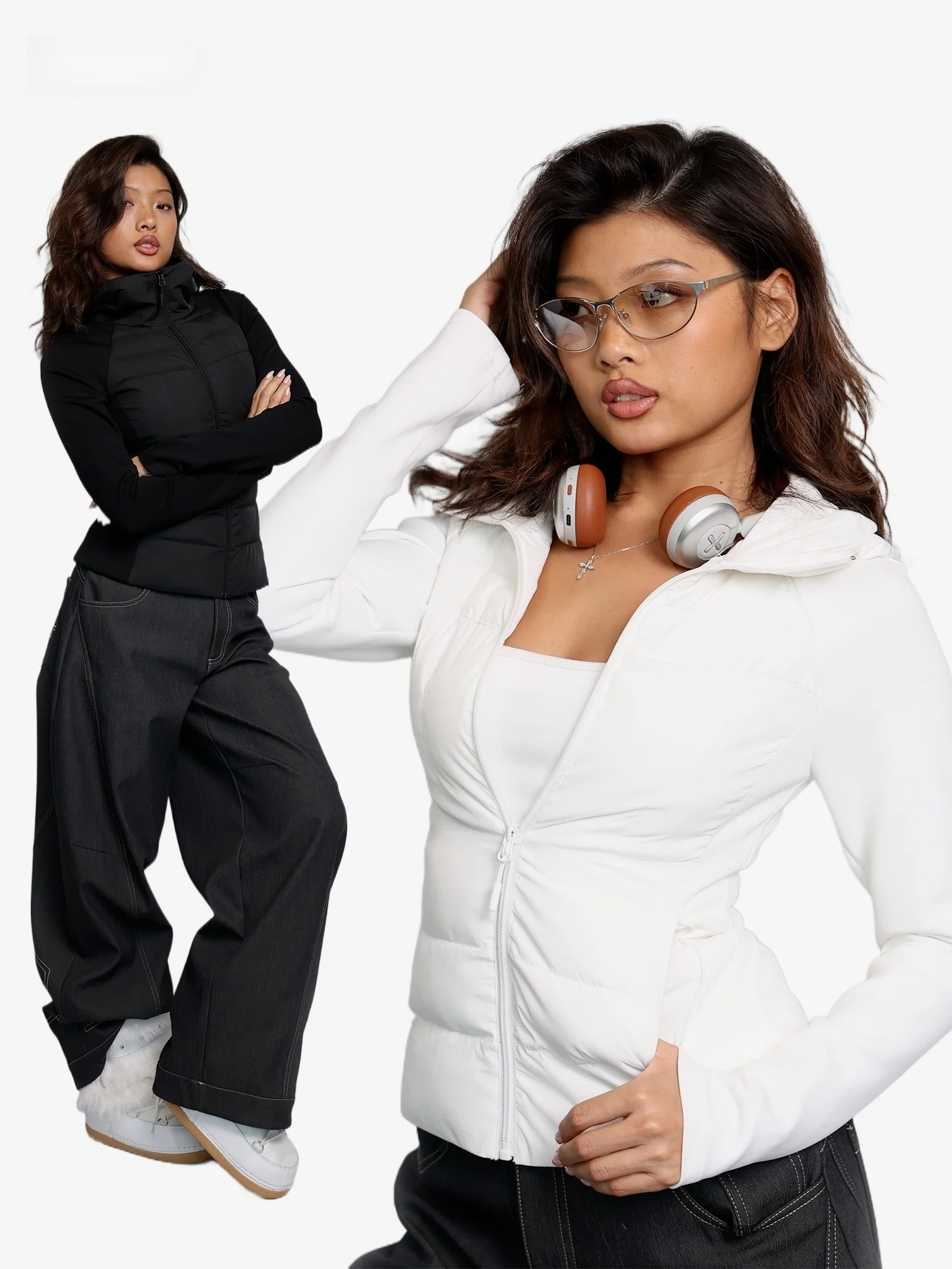 

Теплая короткая черная хлопковая куртка с высоким воротником и вставками, утягивающая фигуру, бренд Fcii, женская модная весенняя куртка на молнии с длинными рукавами