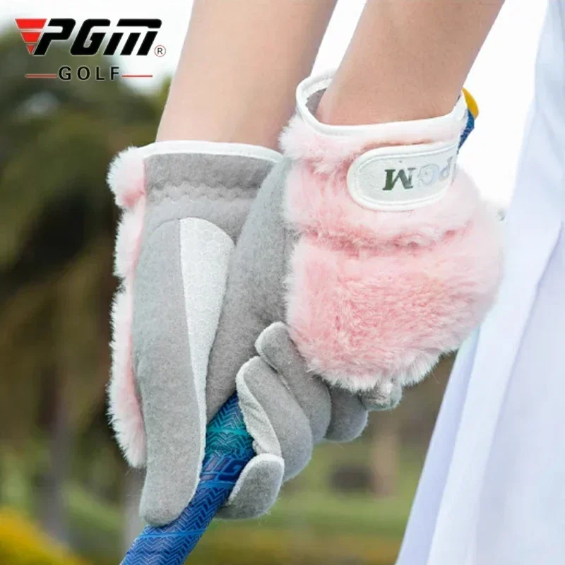 PGM 1 Pair Women Golf Gloves Autumn and Winter Plush Thickened Gloves Right Left Hand Anti-Slip Thermal Mittens Golf Aids
