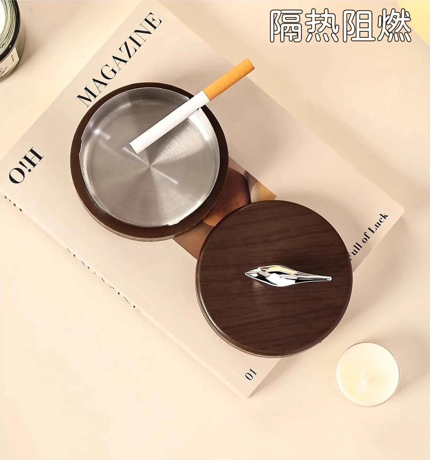 Ashtray with cover anti-fly ash stainless steel ashtray household living room creative high-end ornament