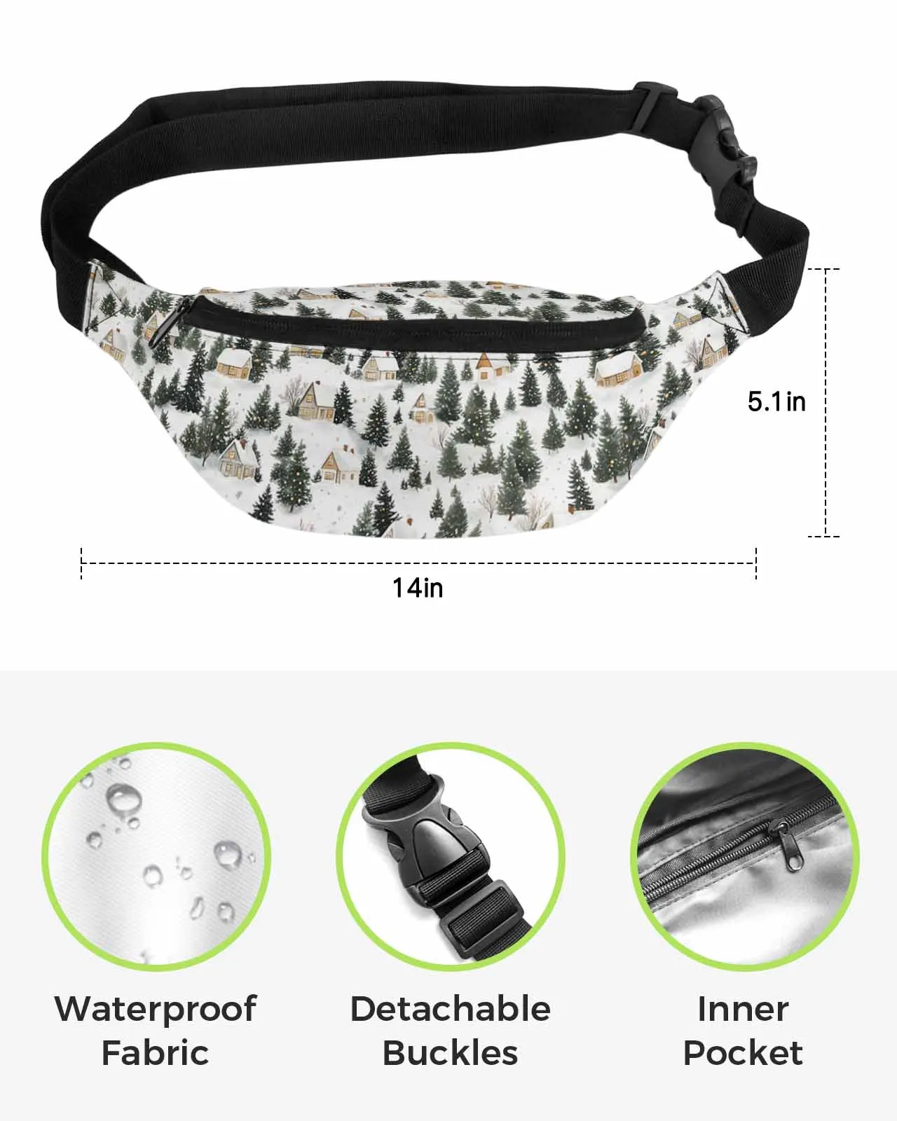 Snowy Scenery Trees Houses  Men Women Waist Bag Fanny Pack Phone Belt Bag Wallet Pouch Waterproof Banana Hip Bags