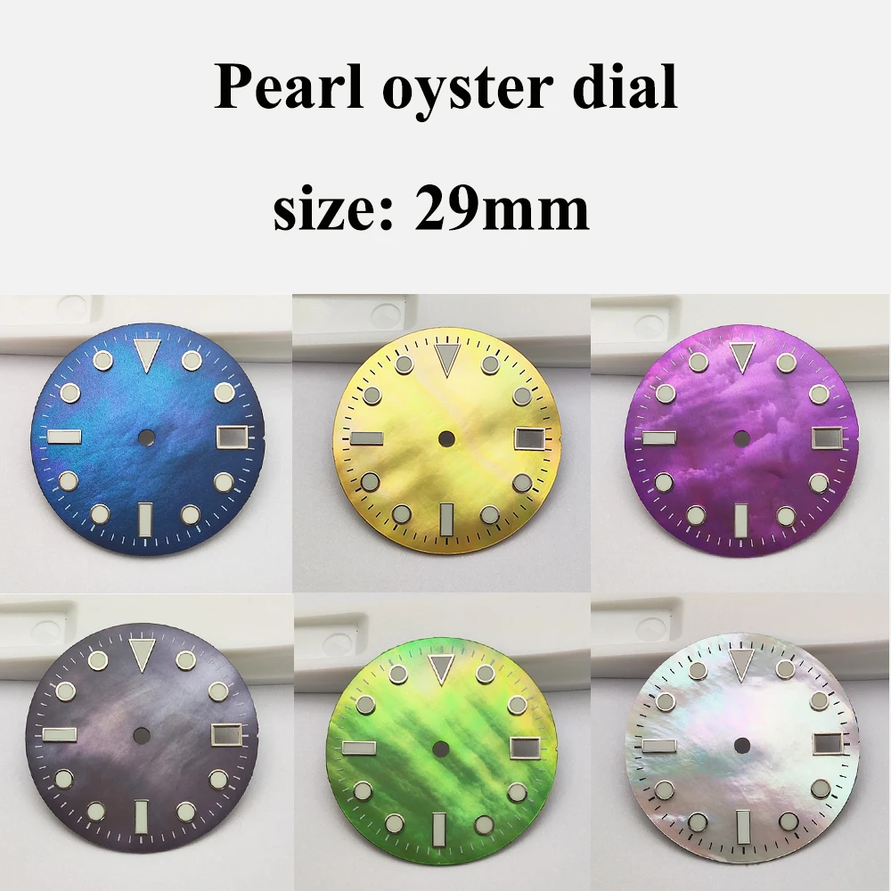 29mm Pearl Oyster Dial Green Luminous nh35 Dial Watch Parts Watch Face Fit NH35/36/70/72 movement Customizable Logo