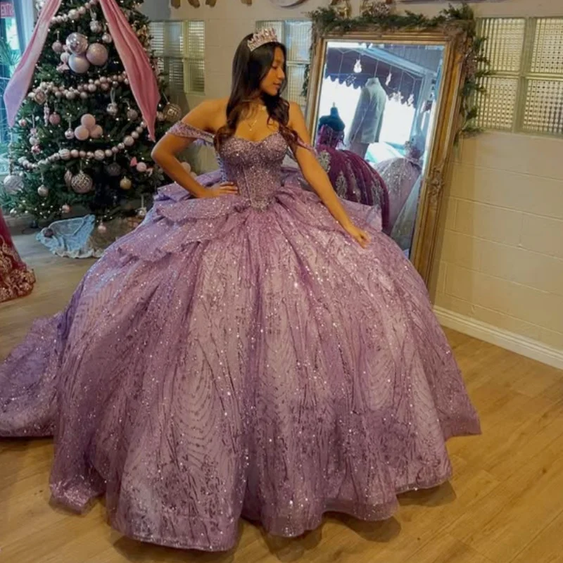 

Shiny Purple Quinceanera Dress off-shoulder crystal glitter Decal Long tail layering Bow Vestidos De 15 Quinceanera ﻿Customize