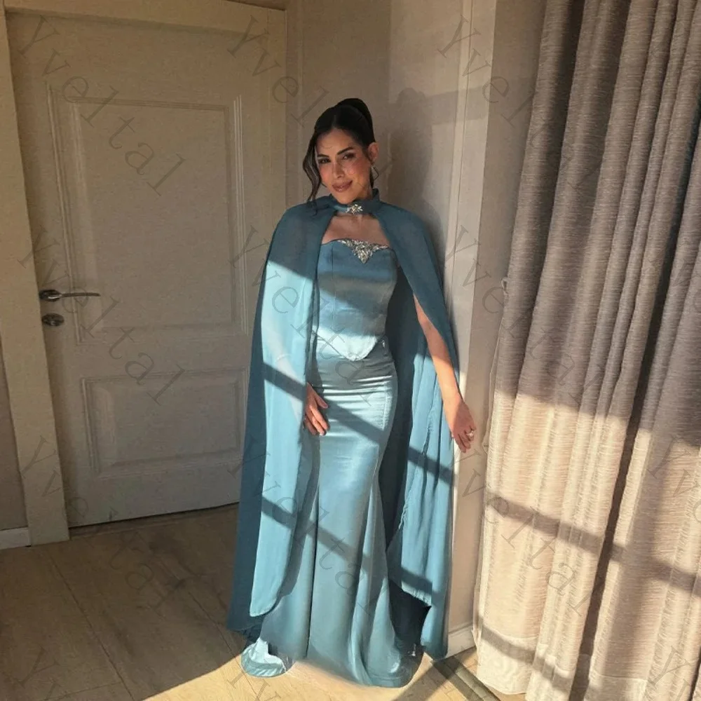 Customized Women's Elegant Blue Satin Evening Dress Arabic Mermaid Prom Dress with Cape for Prom Wedding Banquet Party Events